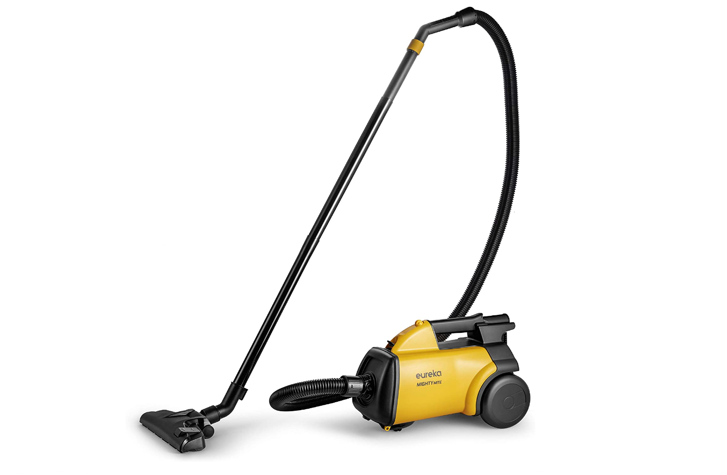 Eureka Mighty Mite 3670M product image of a small yellow vacuum with black details.