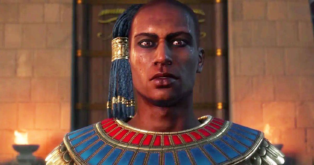 Total War Pharaoh man in Egyptian armour looking at the camera in fear