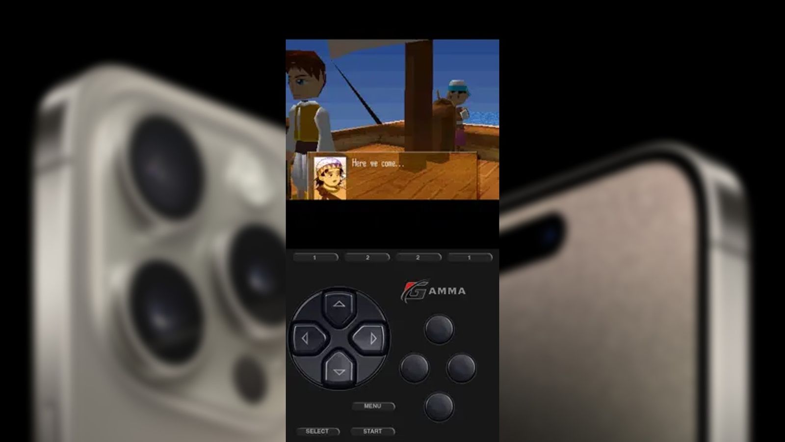Gamma PS1 emulator on iPhone in front of an Apple press image of iPhone 15 Pro Max