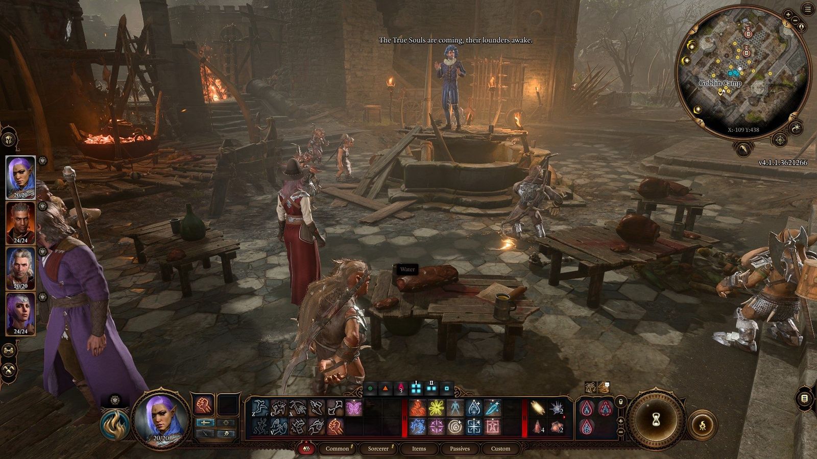 Baldur's Gate 3 review - Voldo the Author singing on a fire in front of an army of goblins 