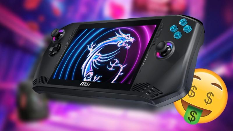 MSI Claw in front of a blurred promotional image and a money-eyed emoji