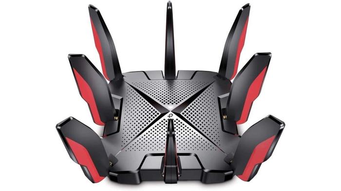 Best gaming router - TP-Link Archer GX-90 AX6600 product image of a black router with eight red and black antennae.