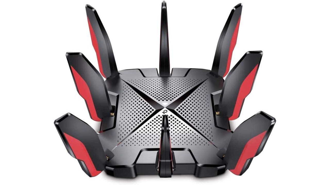 TP-Link Archer GX-90 AX6600 product image of a black router with eight red and black antennae.