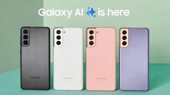 Different colours of the Samsung S21 phones under a Galaxy AI is here logo
