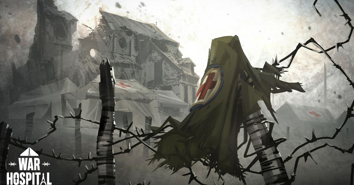 war hospital promo art with torn medic jacket on barbed wire in front of hospital