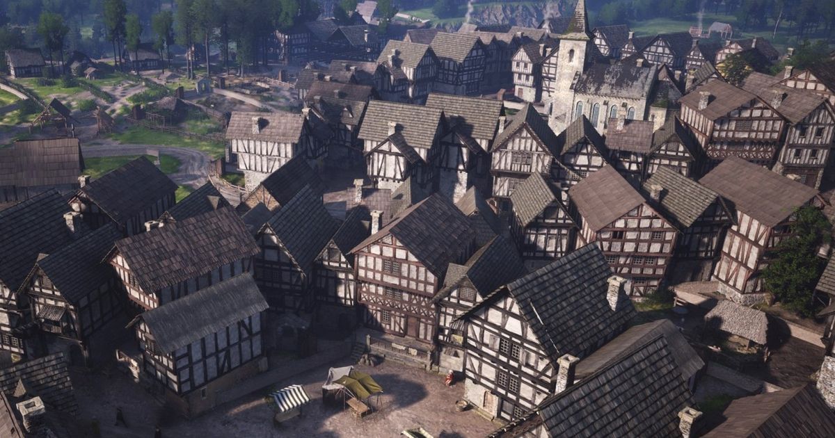 manor lords free camera top down view for brown buildings in medieval town