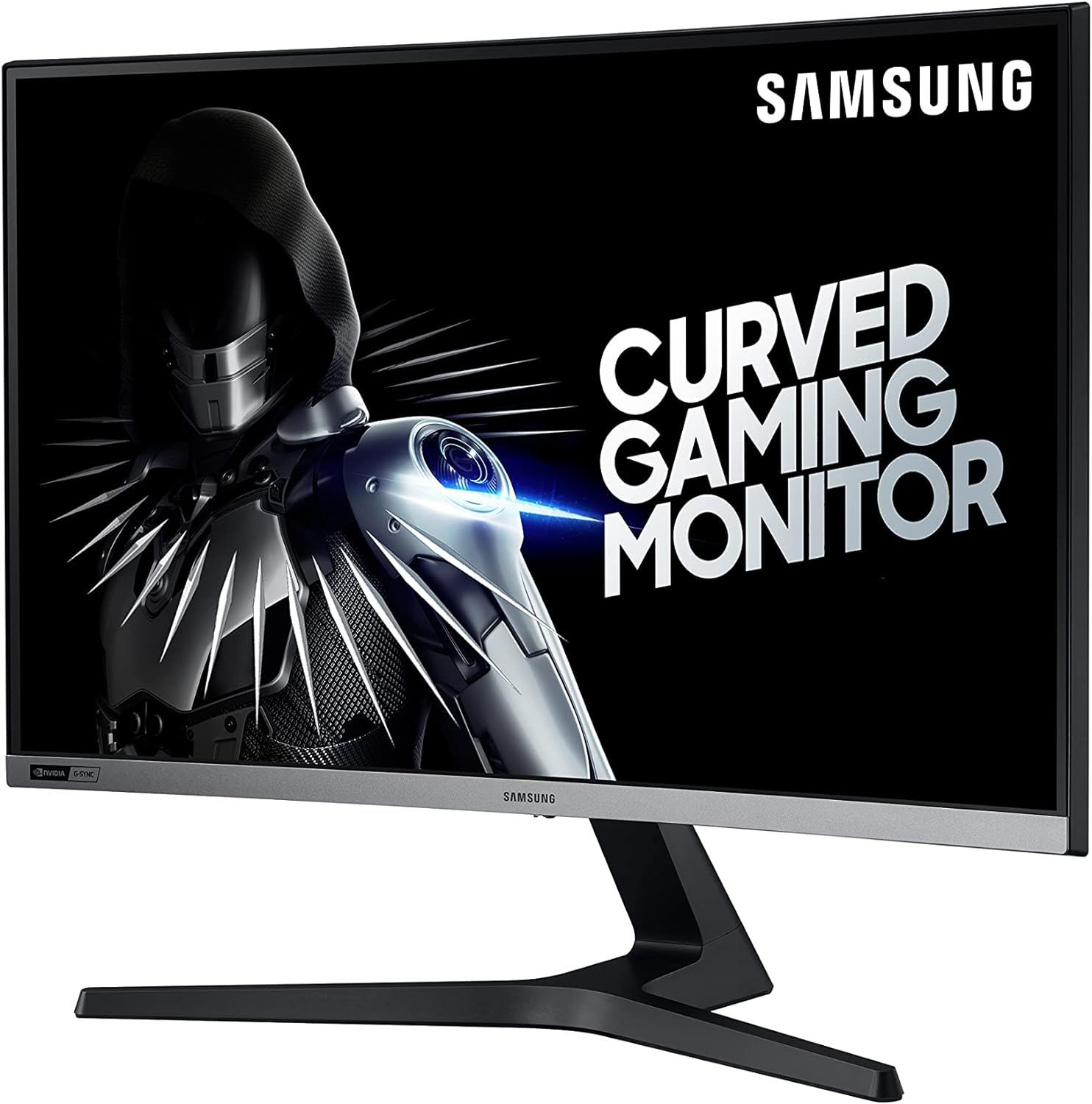 Samsung LC27RG50FQUXEN product image of a black, curved monitor with Samsung and "Curved Gaming Monitor" branding in white on the display.