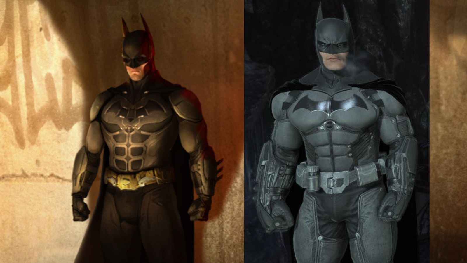 Arkham Shadow key art with Batman standing in front of a wall, next to an image of Batman from Arkham Origins