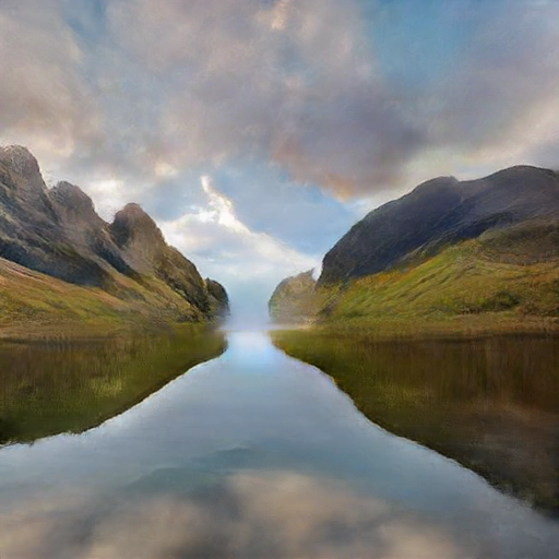 A still lake surrounded by mountains, reflected in the water - NVIDIA Canvas online