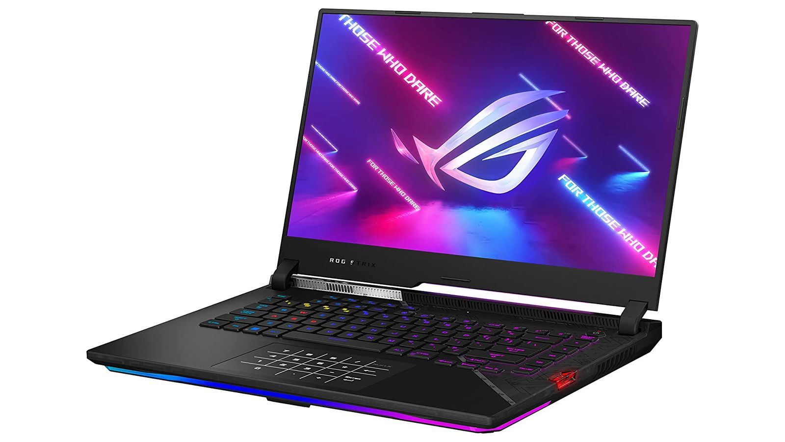 Asus ROG Strix Scar 15 product image of a black laptop featuring multicoloured backlit keys and purple and pink ROG branding on the display.