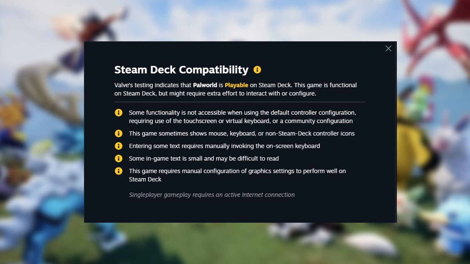 Steam Deck compatibility status for Palworld on top of a blurred Palworld image