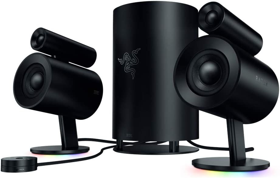 Razer Nommo Pro product image of two black speakers featuring RGB lighting next to a tall central speaker.