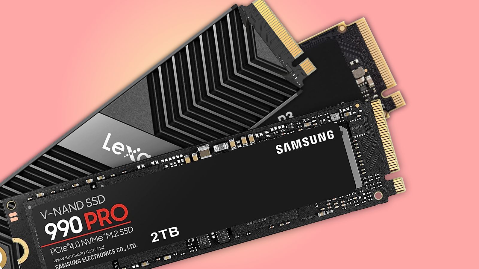A Samsung 990 Pro SSD with two other NVMe devices behind it