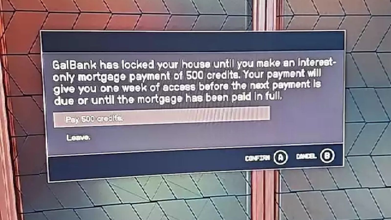 An image of Starfield banks foreclosing on a virtual house, asking for money to keep the player’s house unlocked 