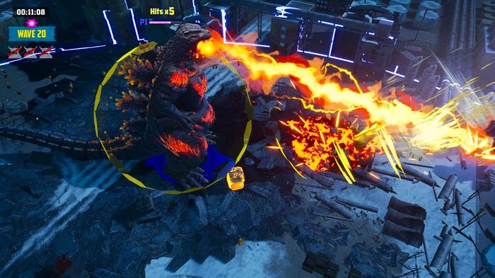 Burning Godzilla performing an atomic breath attack in GigaBash