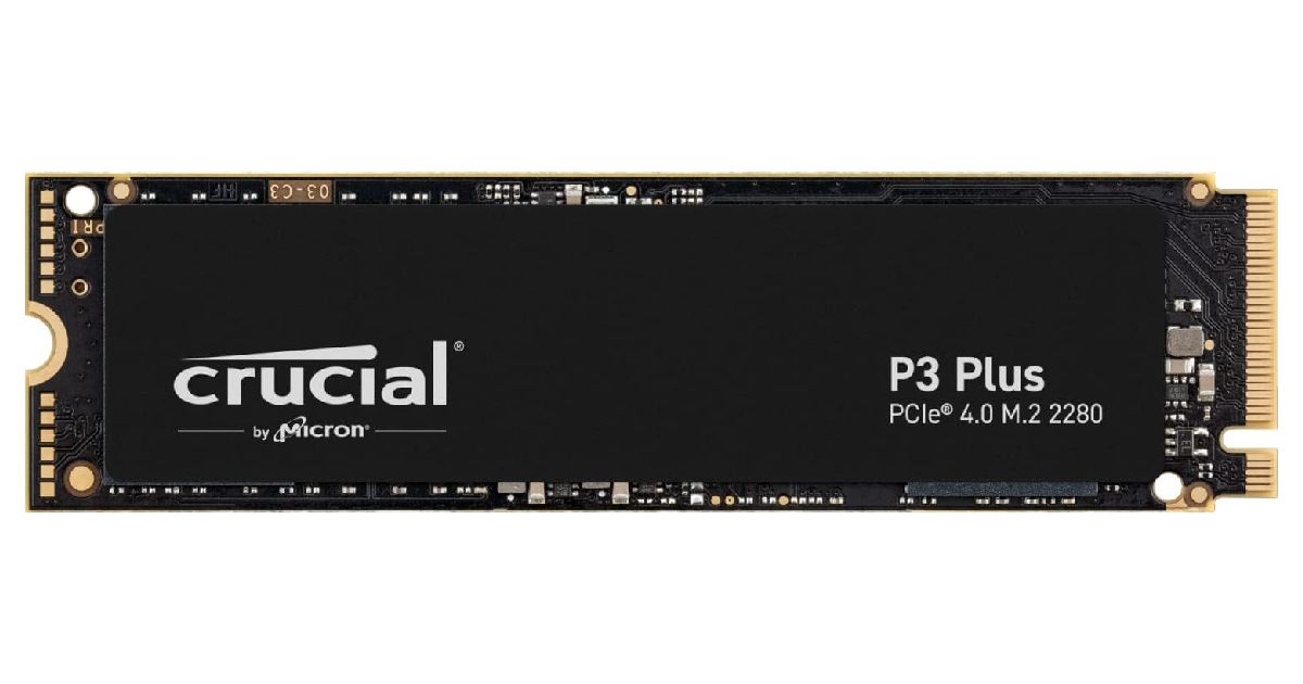 Crucial P3 Plus product image of a black rectangular SSD featuring white branding on top.