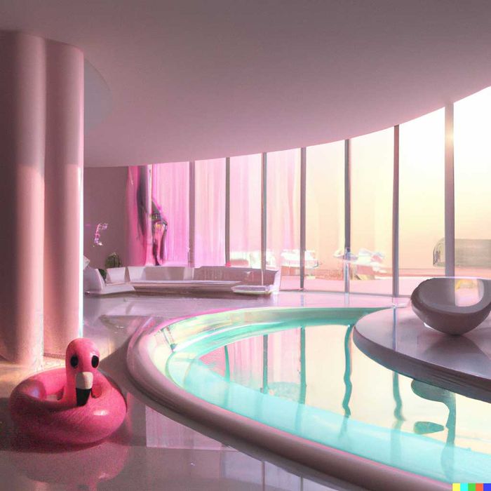 A modernist swimming pool with a pink flamingo inflatable - best AI image generator