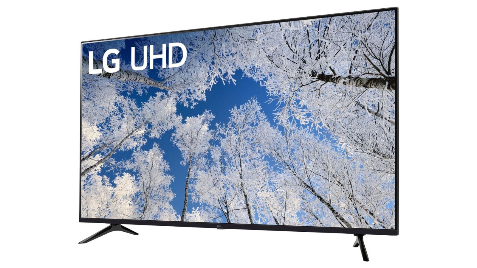 A black near-frameless LG UQ70 TV with trees covered in white frost on the display.