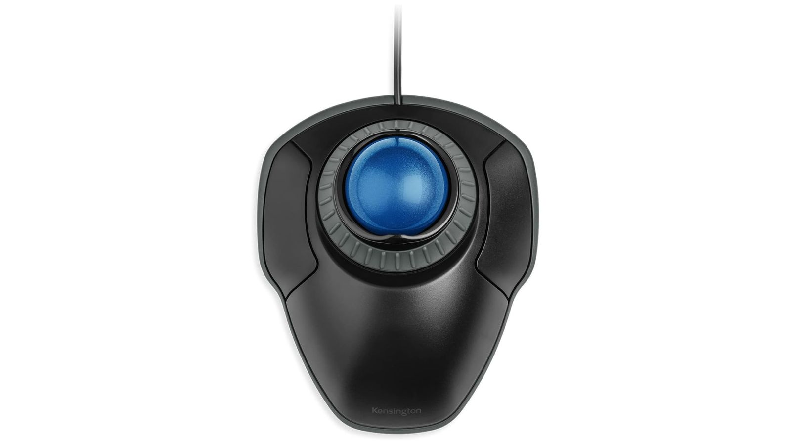 Kensington Orbit product image of a black, wired mouse featuring a blue trackball in the centre.