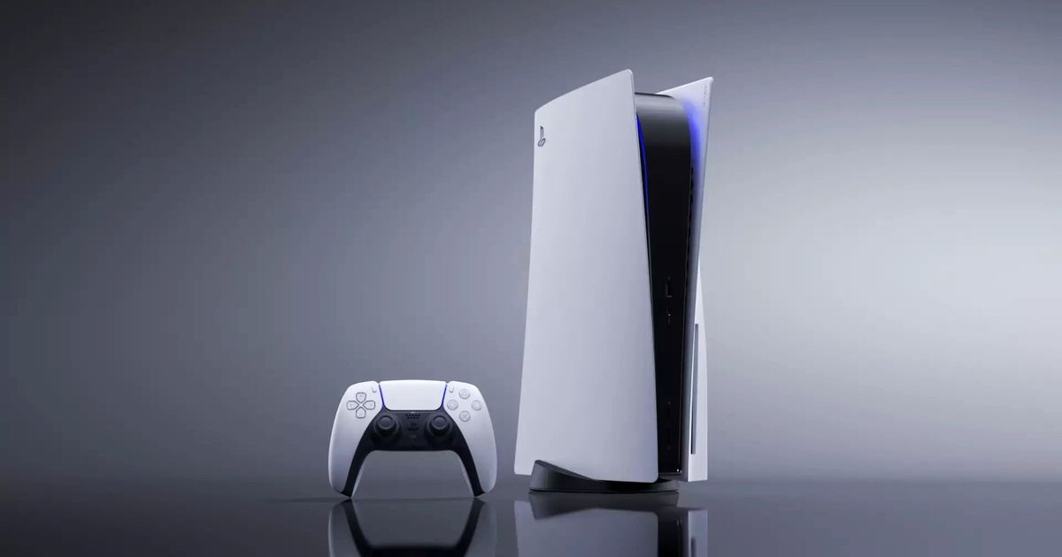 PlayStation 5 console stood up on light grey background