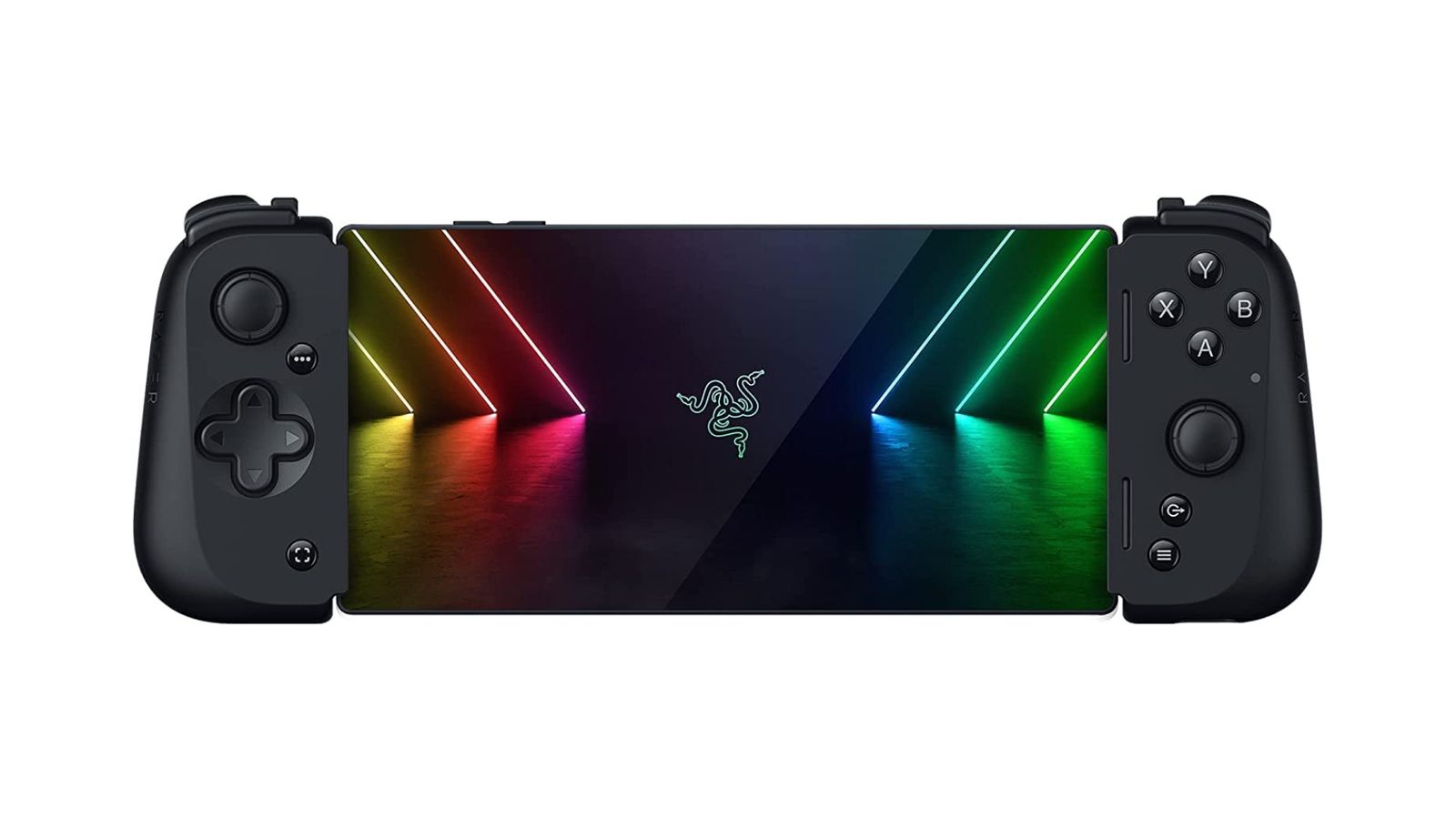 Razer Kishi V2 product image of two black sides of a controller either side of an Android phone.