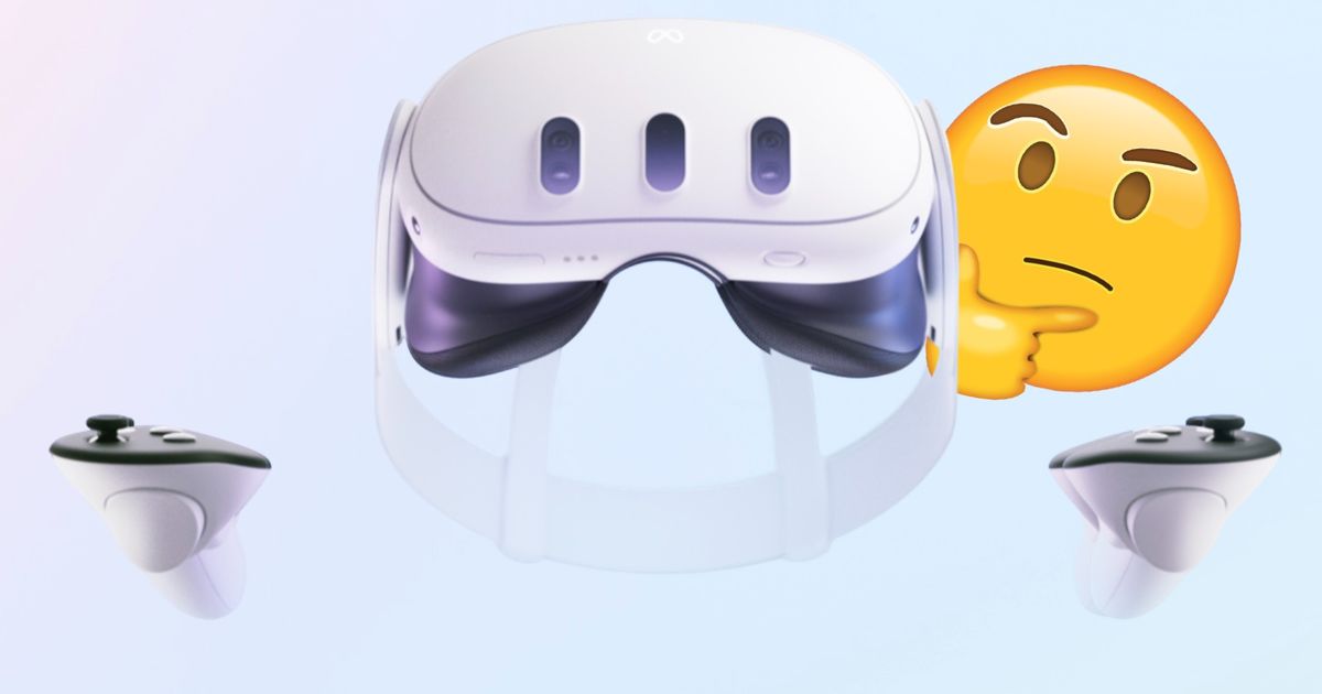 Meta Quest 3 headset and controllers in front of a thinking emoji