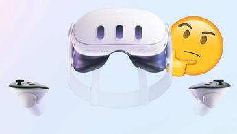 Meta Quest 3 headset and controllers in front of a thinking emoji