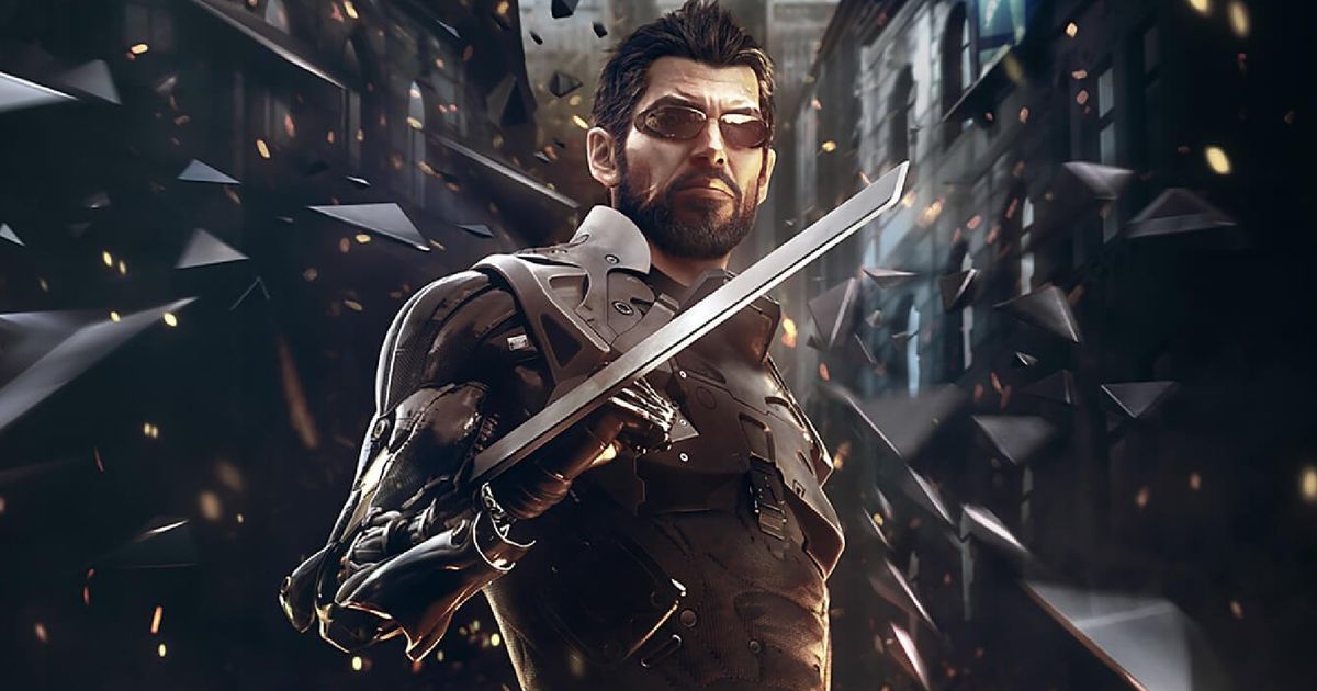 Adam Jensen from Deus Ex: Mankind Divided standing central in rubble flying