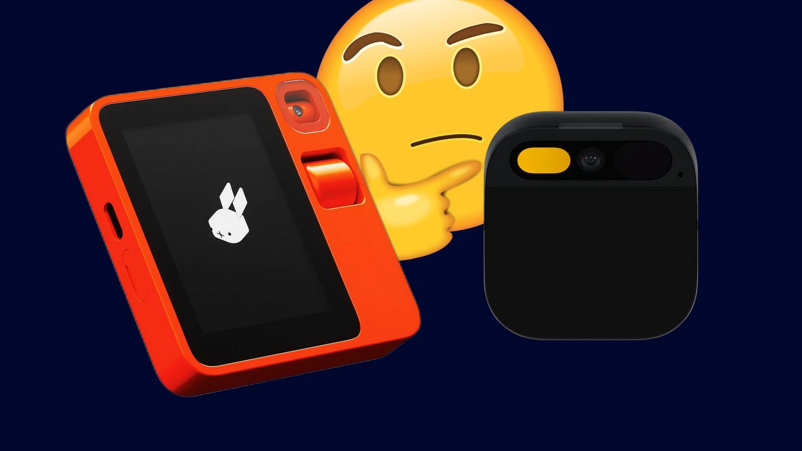 Humane AI pin and Rabbit r1 in front of an Apple thinking emoji