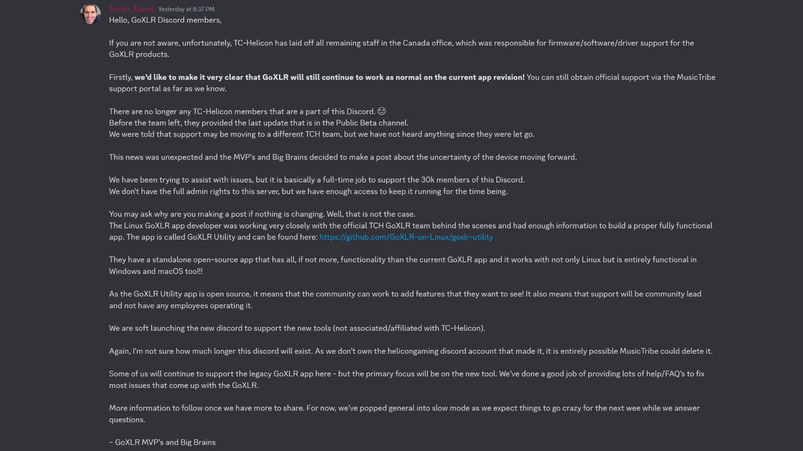 A Discord post from admins in the official TC-Helicon server that explains the changes to GoXLR products