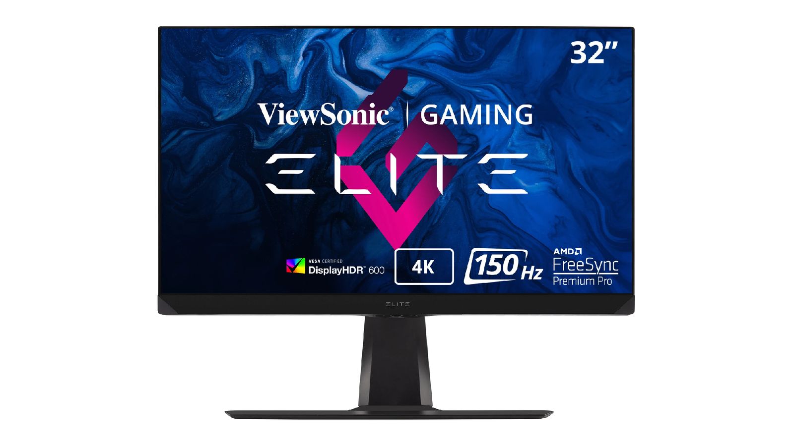 ViewSonic ELITE XG320U product image of a black monitor featuring white ViewSonic branding in front of a pink logo on a blue background on the display.