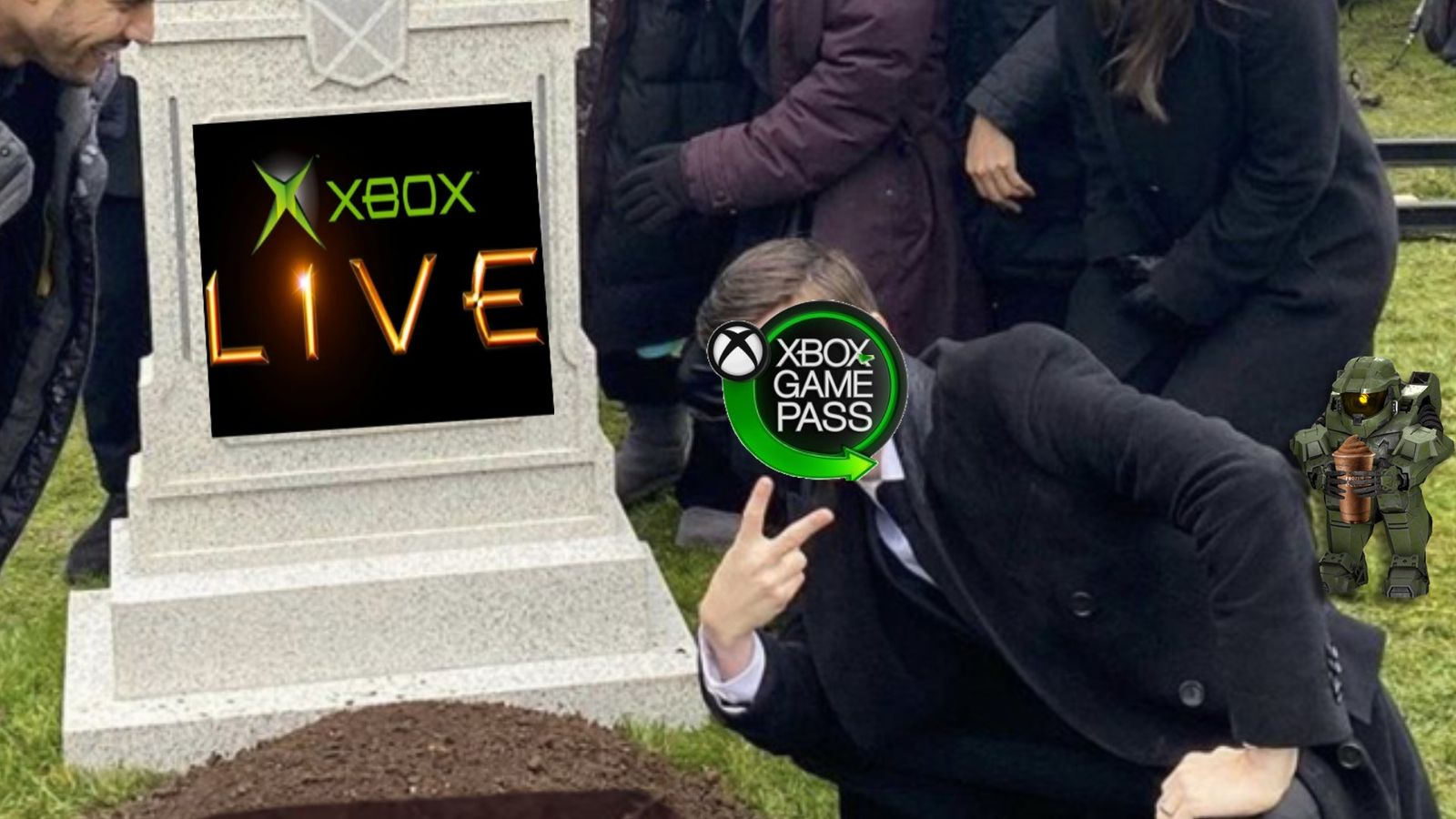 Xbox Live, Games with Gold killed in favour of Xbox Game Pass Core - The Flash dead meme with Xbox Game Pass posing on the grave of Xbox Live