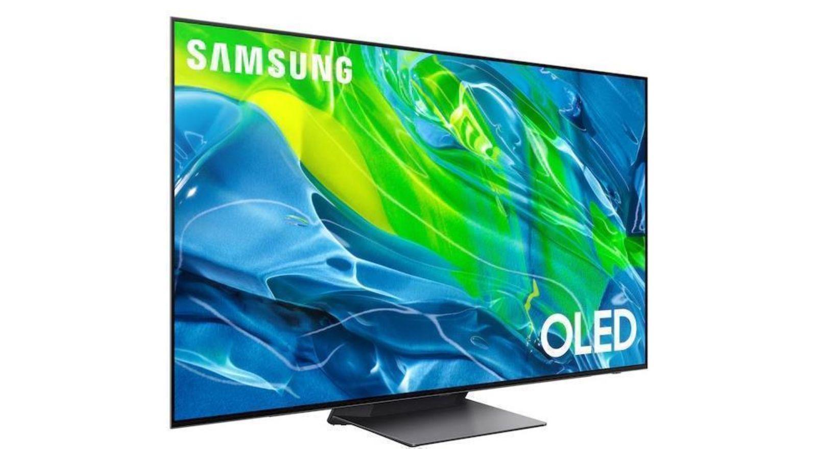Best TV brands - Samsung S95B product image of a black Samsung TV featuring a green and blue water pattern on the display.