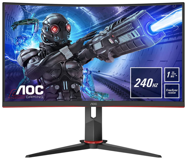 AOC C32G2ZE product image of a black monitor with a robot firing blue light out of a weapon on the display.