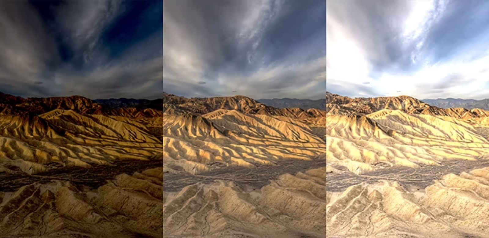 Image of a brown mountain top is shown in three different brightnesses.