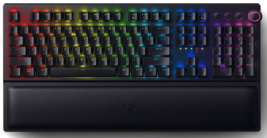 Razer BlackWidow V3 Pro product image of a black keyboard with backlit keys featuring a black wrist rest.