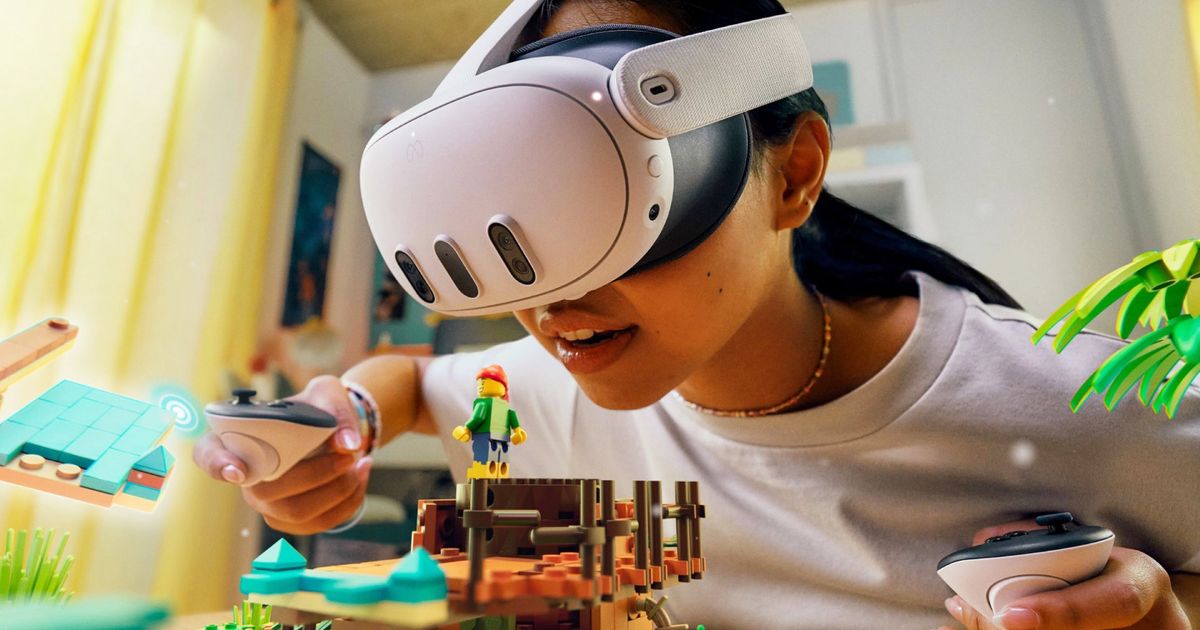A young girl wearing a meta quest 3 headset and playing in a virtual reality LEGO game 