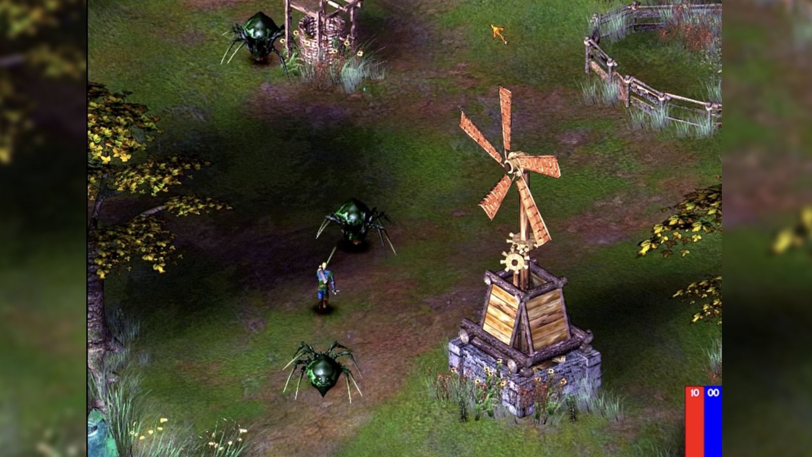 A screenshot of Troika Games’ cancelled Lord of the Rings CRPG circa 2001 with multiple 3D rendered spiders surrounding a human in Hobbiton 