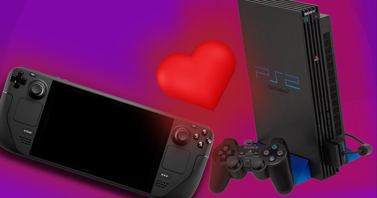 Steam Deck and PlayStation 2 float near one another with a love heart between them