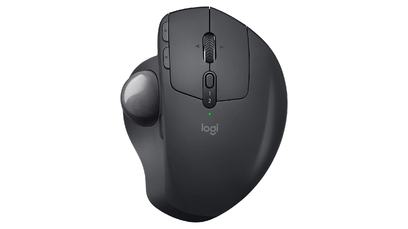 Logitech MX Ergo product image of a graphite mouse with a lighter grey trackball on the left side.