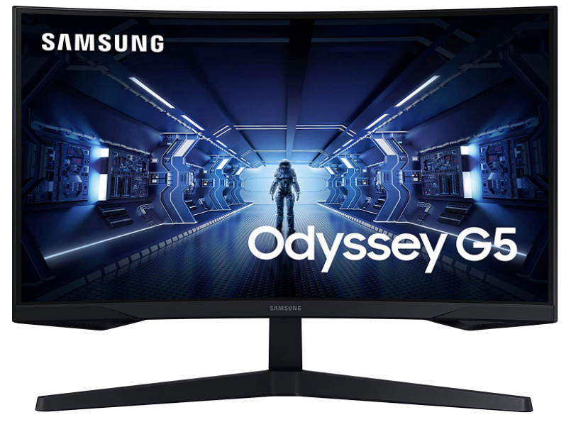 Samsung Odyssey G5 Series product image of a curved black monitor with someone walking down a blue-lit walkway on the display.
