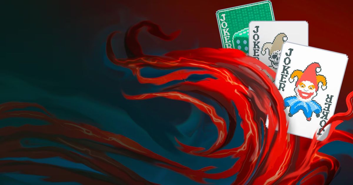 balatro promo art with red waves and joker cards