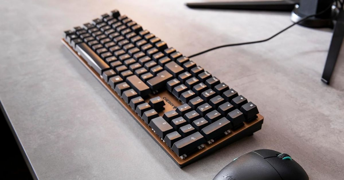 A brown and black wired keyboard with black mechanical keys.