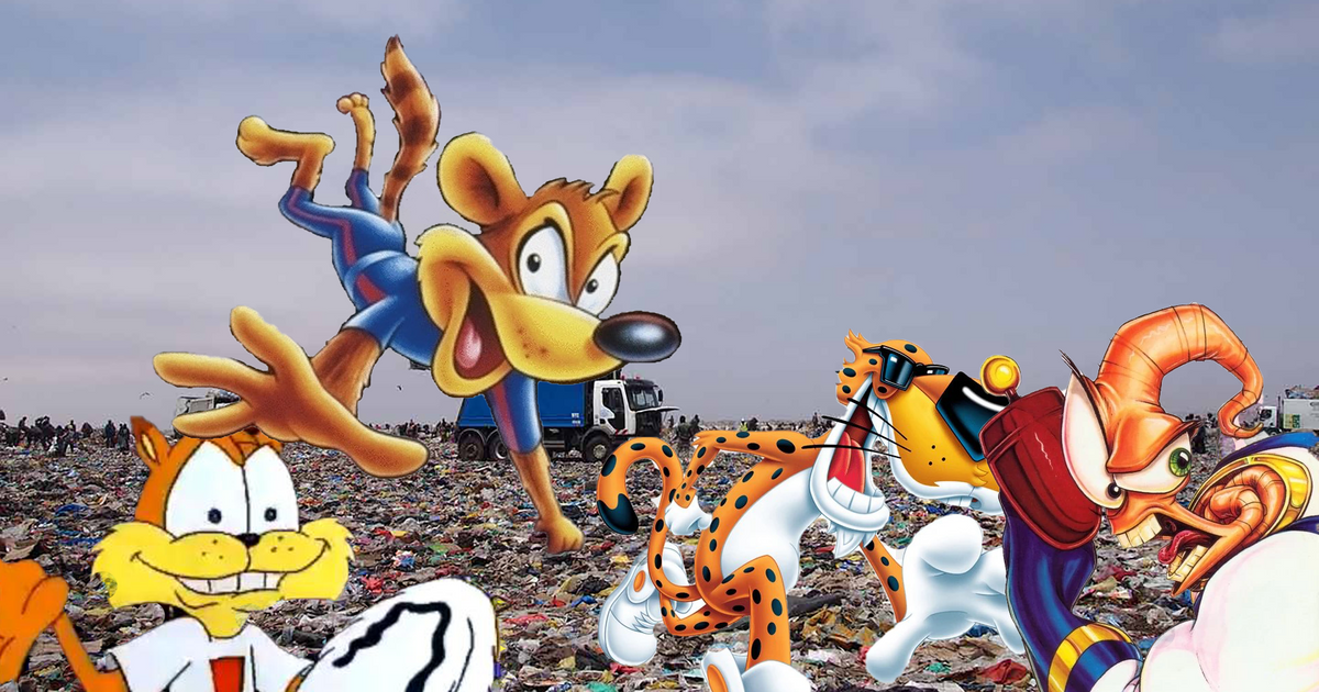 Age of failed mascots - a dumpster with Awesome Possum, Bubsy, Chester Cheetah and Earthworm jim ready to be turned to scrap