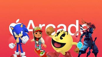Sonic, Jake from Subway Surfers, Pac-Man, and the Prisoner in front of the Apple Arcade banner