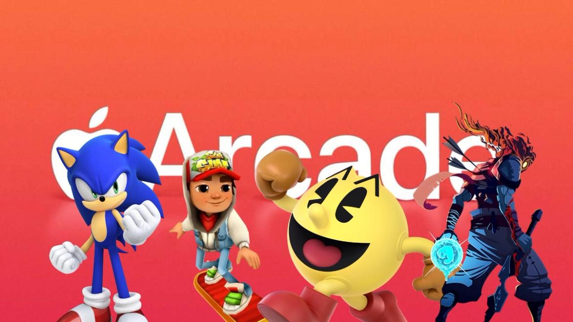 Sonic, Jake from Subway Surfers, Pac-Man, and the Prisoner in front of the Apple Arcade banner