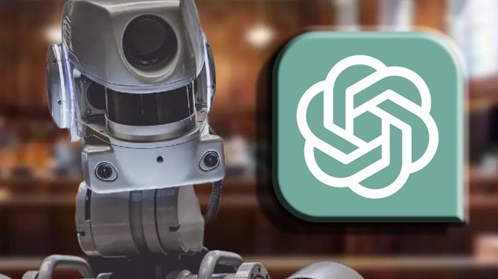 A lawyer used ChatGPT to do his job and it spectacularly failed; a robot in a courtroom next to the ChatGPT logo