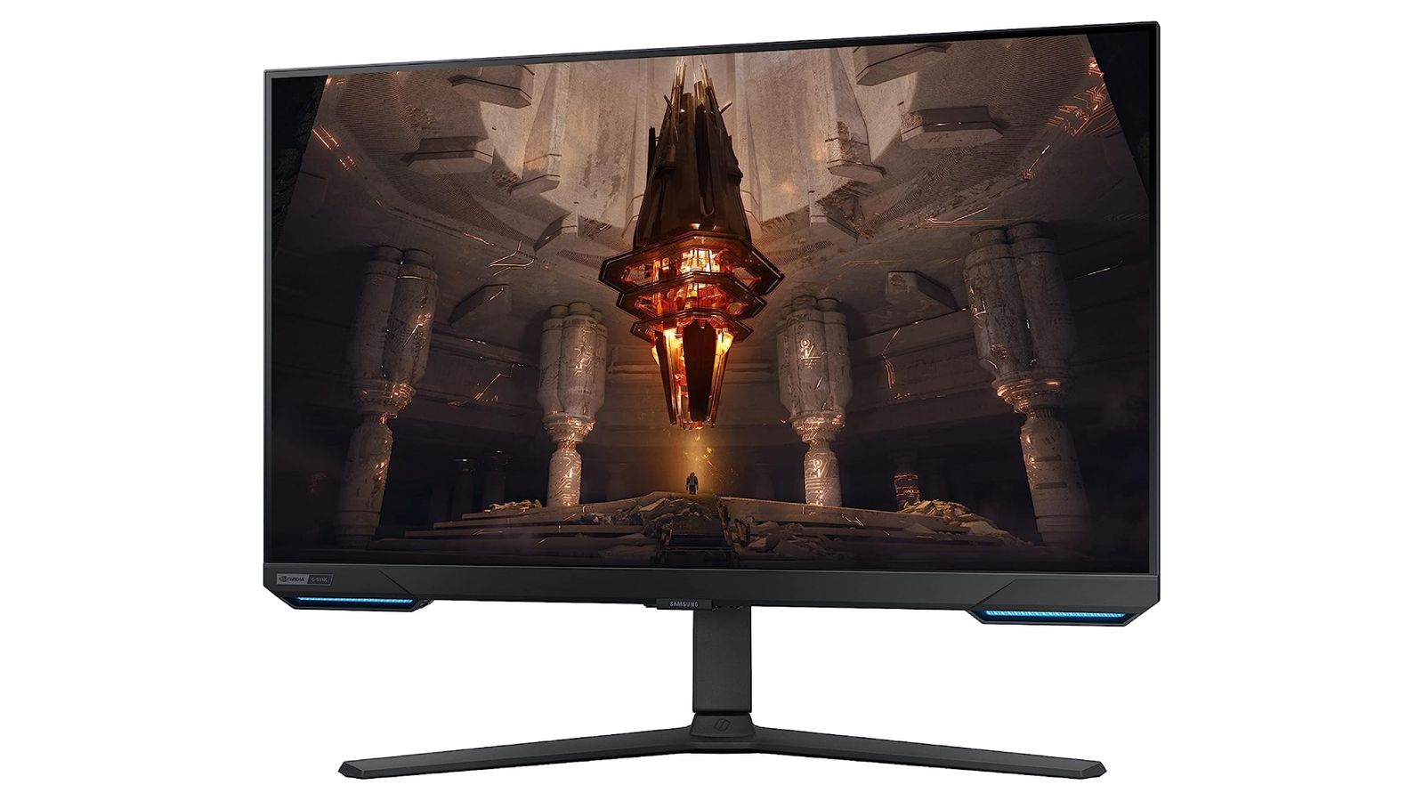 Samsung Odyssey G70B product image of a black near-frameless monitor with an orange Sci-Fi crystal on the display.