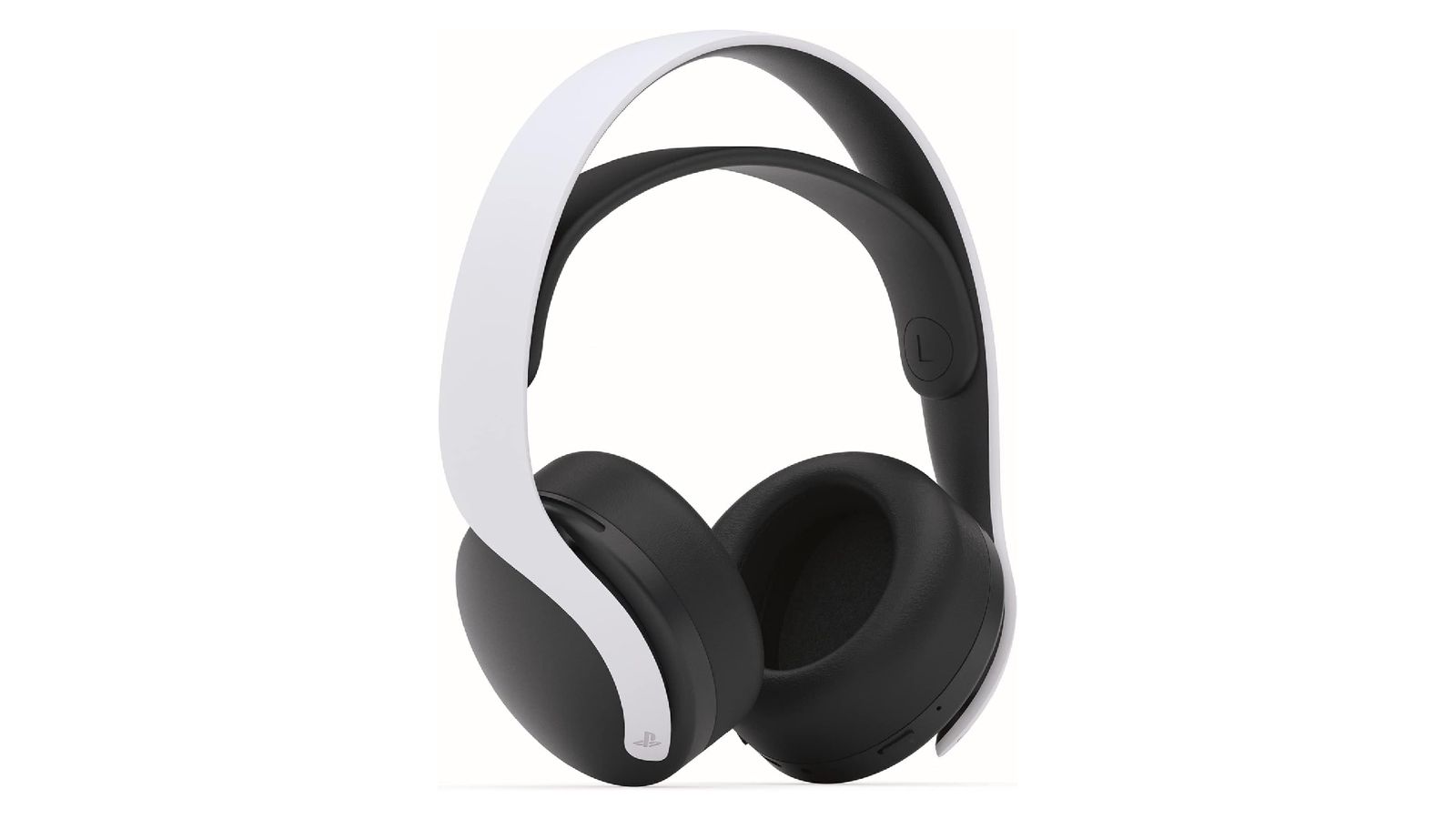 PlayStation 5 Pulse 3D product image of a white and black over-ear wireless headset.