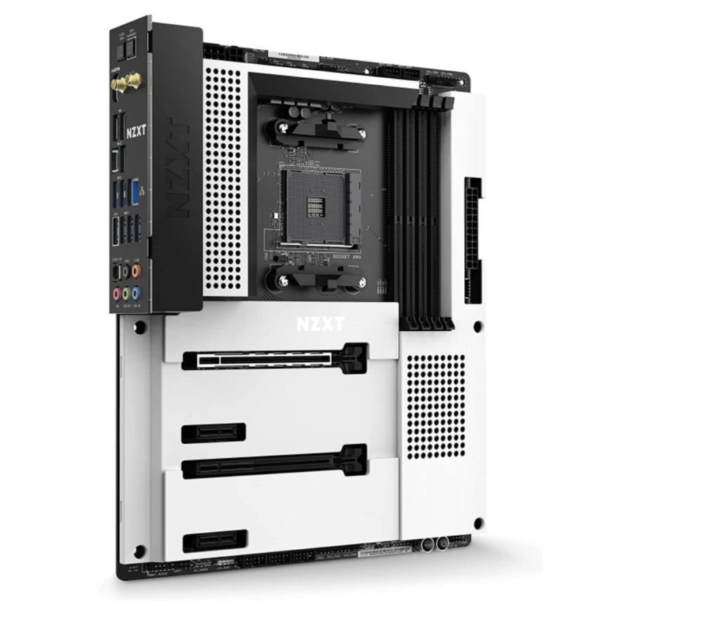NZXT N7 B550 product image of a white and black motherboard.